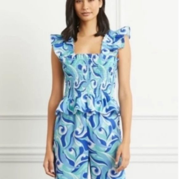 NEW Hill House Paz Top Size S Ocean Kaleidoscope Sleeveless Smocked Linen Nap - Picture 2 of 8